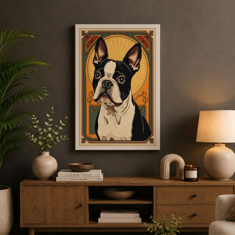 Boston Terrier Art Deco - Wrapped Canvas, 30x20 - 76.2 x 50.8 cm, Terracotta Border