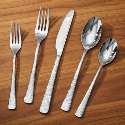 Hammered Silver Dinnerware Set, 20 Pieces, 18/10 Stainless Steel, Unique Wavy Handles + Mirror Polished Finish, Machine Washable, Convenient And Practical