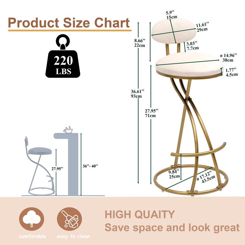Modern S-Shaped Metal Leather Round Bar Stools With Footrest (Set of 4), Cream Foam Padding/ Gold Frame