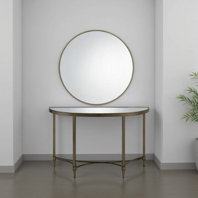 Dity Console Table With Mirror, 47 Inch Half Moon Mirrored Top, Antique Gold Brass