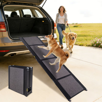 63" Extra Long Folding Dog Ramp for Cars, SUVs & Trucks - 250 lbs Capacity, Non-Slip Surface, Portable 4-Fold Design for Large Dogs, Lightweight Aluminum Pet Ramp for Bed, Sofa, and Porch Steps