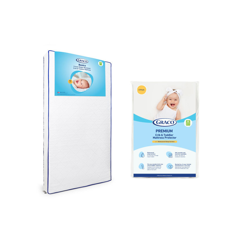 Matelas de lit de bébé et de tout-petit résistant à l'eau Graco de 5 pouces avec housse de protection pour lit de bébé et de tout-petit (paquet de 2)