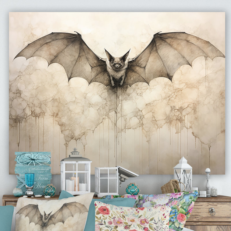 Ailes ouvertes de chauve-souris beiges sur toile, H 16 po x l 32 po x P 1 po, Toile tendue