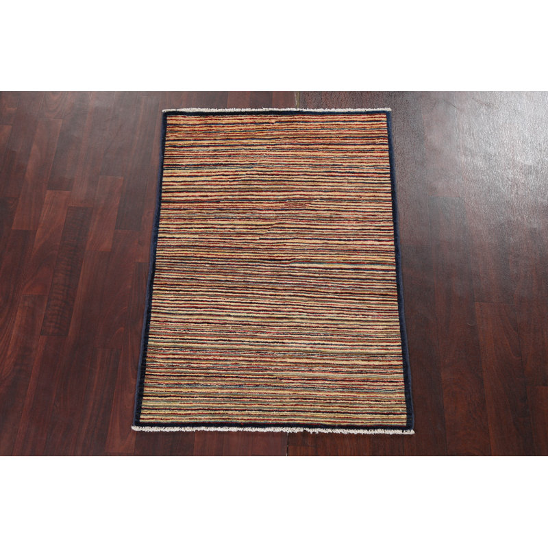 Tapis oriental en laine à rayures Inkbe Gabbeh Kashkoli noué à la main 3 x 4