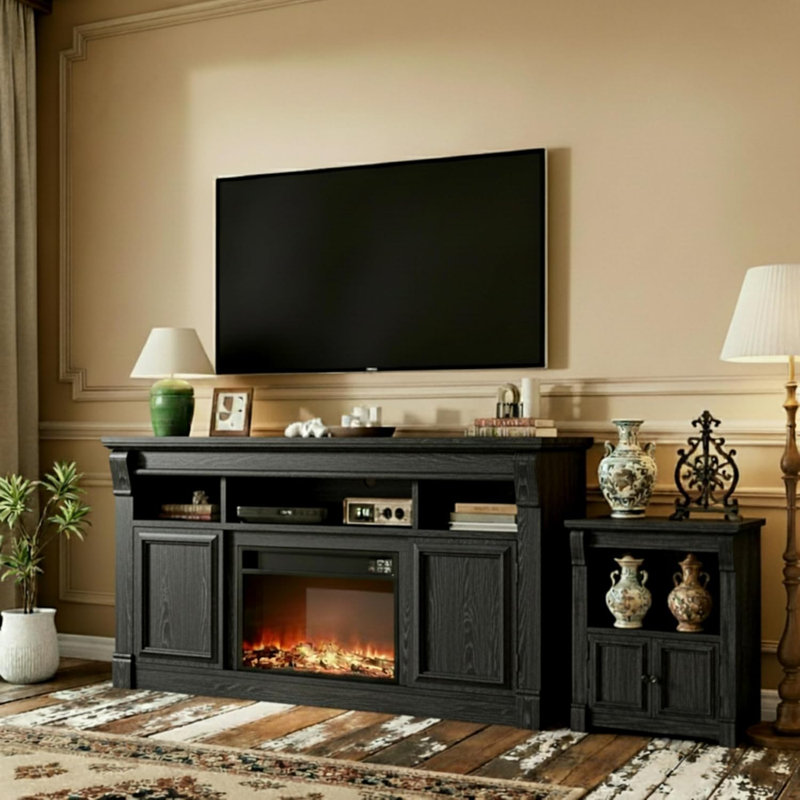 Farmhouse TV Stand, Wood and Engineered Wood Construction, 58" for TVs up to 65", Open Storage Cabinets, Media Console for Living Room（Fireplace not included）