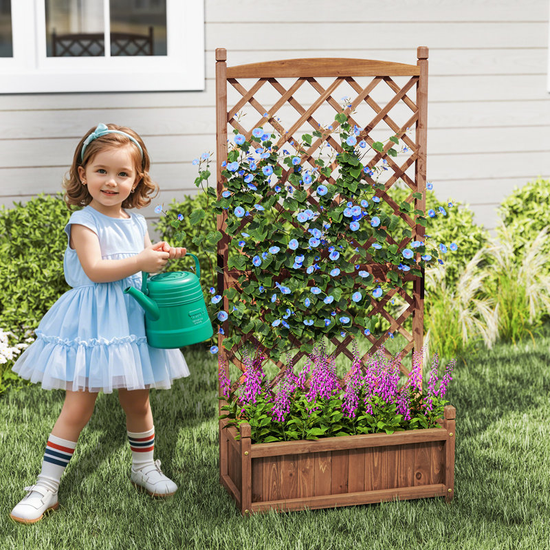 60'' Tall Raised Garden Bed w/ Diamond Lattice Trellis Drainage Holes Outdoor, Brown