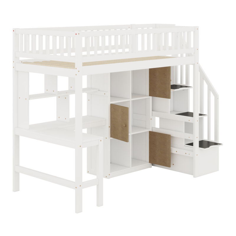 Structure de lit mezzanine multifonctionnelle en bois peu encombrante avec bureau, escalier, bibliothèque et tiroirs de rangement