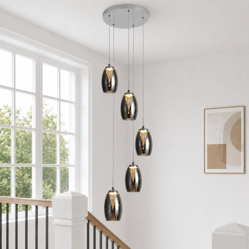 Lustre long avec escalier 5 lumières DEL