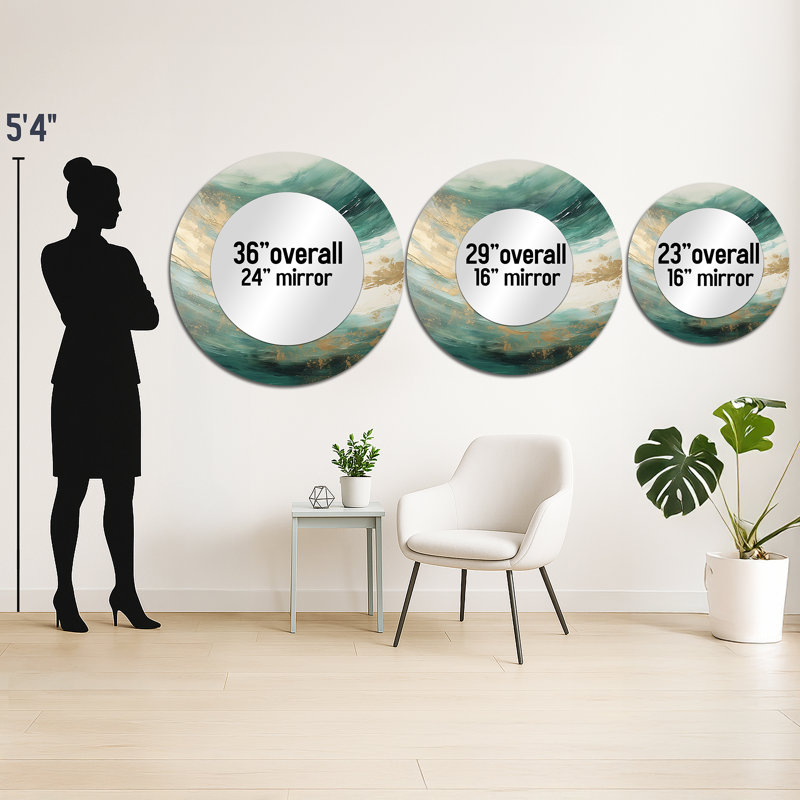 Gold And Green Soft Wave Fusion - Abstract Shapes Mirror, Beige Round Decorative Wall Mirror, Printed Metal Art, 29" x 29"
