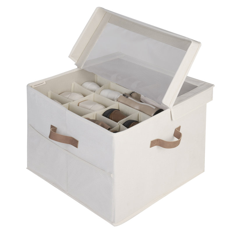 Fabric Shoe Storage Box with Adjustable Dividers and Lid, 16-Compartment Organizer for Shoes, Towels, Clothes, Toys, Beige