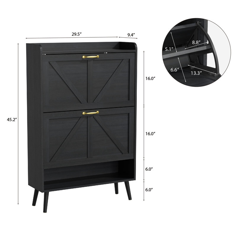 Shoe Storage Cabinet With 2 Flip Drawers, Freestanding Farmhouse Shoe Organizer Cabinet, Black