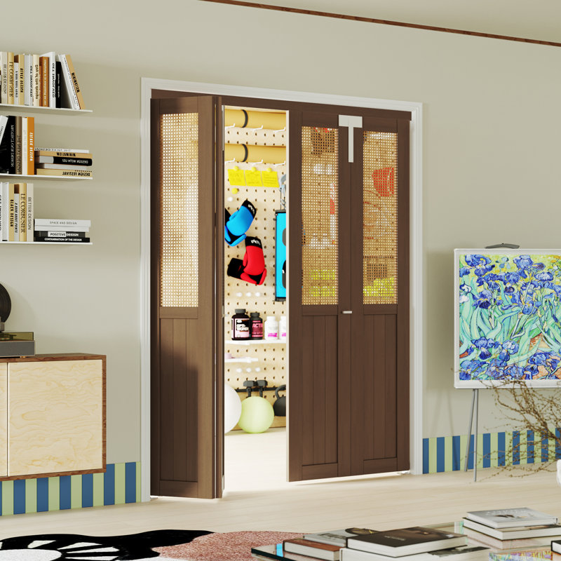 Bifold Doors - Rattan Panel & Cherry Wood Finish MDF Folding Interior Door With Lock Handle And Hardware Kits For Closet Or Laundry Room