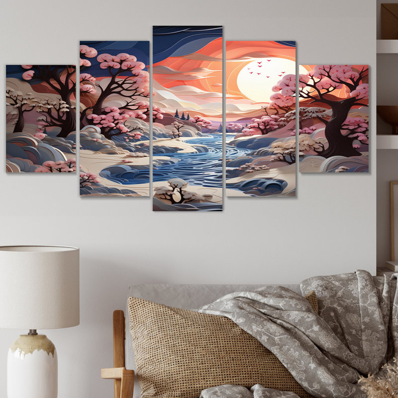 «Beautiful Country Charm In Winter II», impression sur toile paysage d'hiver - 5 panneaux