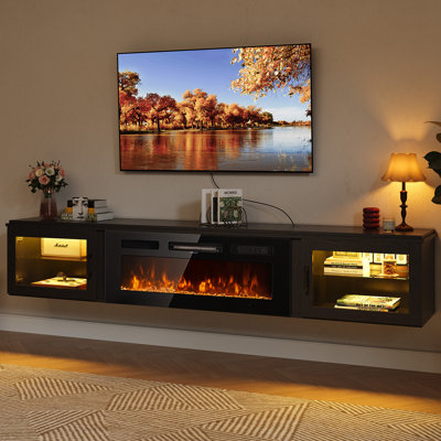 Meuble télé 80 po avec foyer électrique flottant de 36 po, centre de divertissement à DEL avec rangement, console de télévision murale avec porte en verre pour le salon