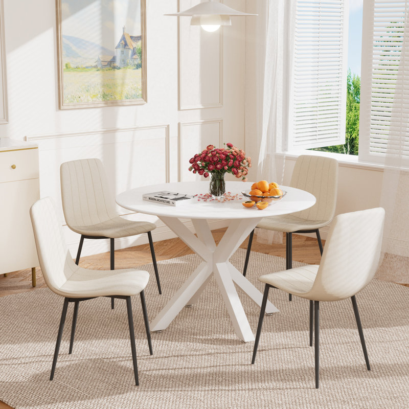5-Piece Round Glass Dining Table Set with 4 Velvet Dining Chairs, Cream, White, White