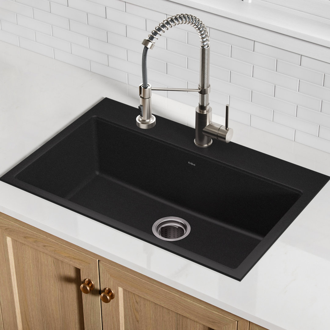 KRAUS 31 inch L Dual Mount Single Bowl Granite Kitchen Sink w/ Topmount and Undermount Installation in Black Onyx Kraus