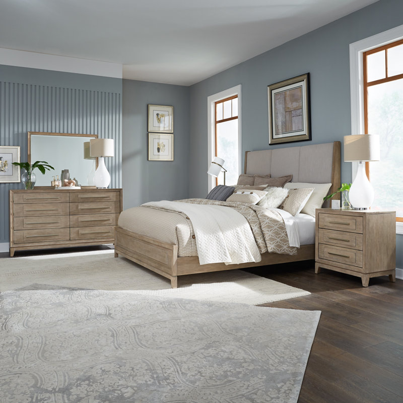 Ensemble de chambre à coucher avec lit tapissier, commode et miroir Chantee, King