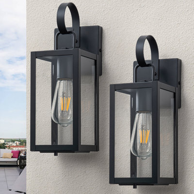 Black Outdoor Wall Lantern With Tempered Glass Shade And Closed Bottom (2-pack)