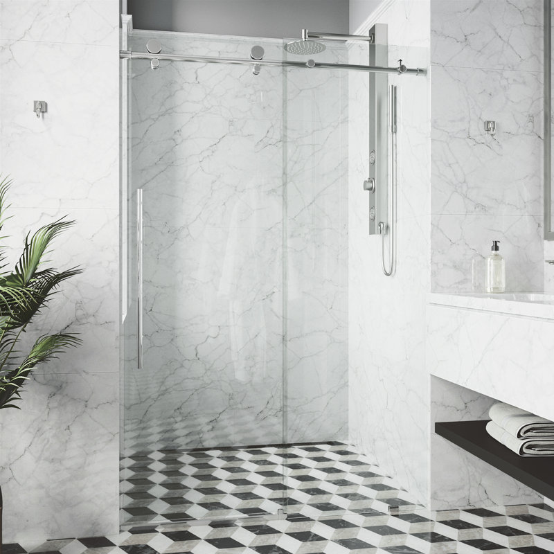 Porte de douche coulissante sans cadre avec verre transparent 3/8 po de l 68 à 72 po x H 76 po Elan, Chrome