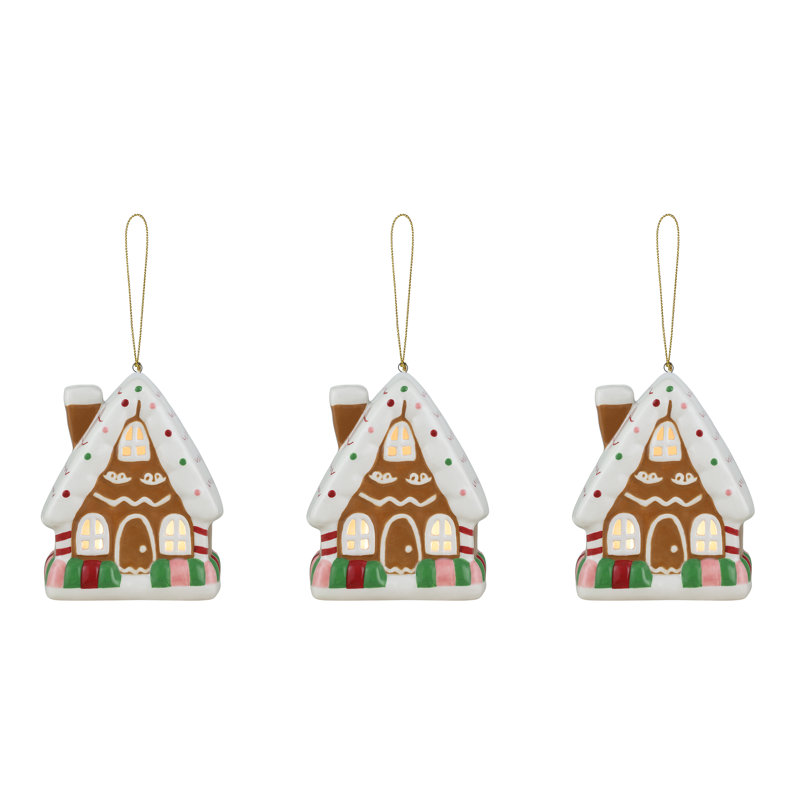 Set of 3 LED Lighted Porcelain Gingerbread House Ornaments