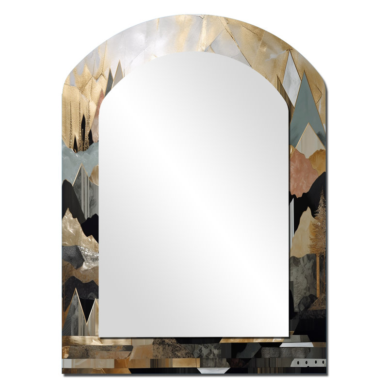 Grey And Gold Geometric Horizons I - City Asymmetrical Wall Mirror, Grey Arch Decorative Mirror, Printed Metal Art, 34" x 25"
