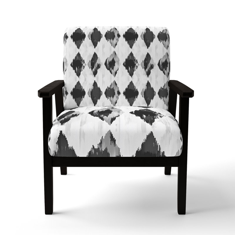 Chaise rembourrée moderne avec accoudoirs noirs et blancs Ikat, Accoudoirs carrés noirs