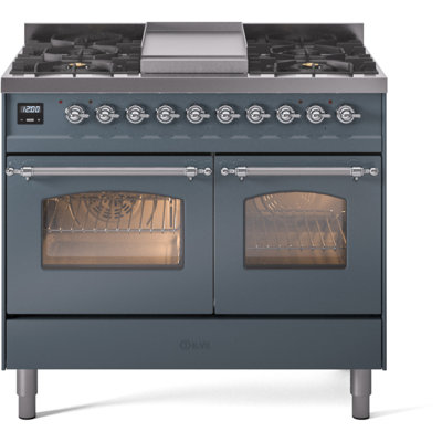 Cuisinière à double combustible de 40 po avec 6 brûleurs scellés et plaque chauffante (porte vitrée) ILVE Nostalgie II Series