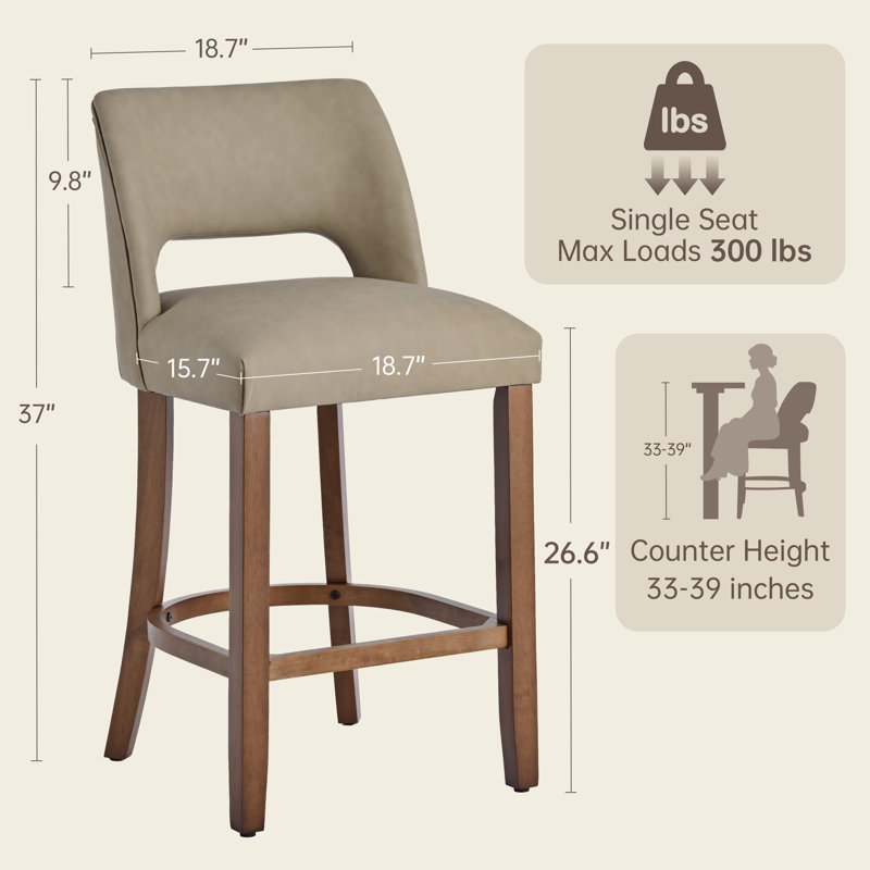 Tabourets de bar modernes en similicuir, hauteur du comptoir, pieds en bois massif, ensemble de 6, Taupe, 6