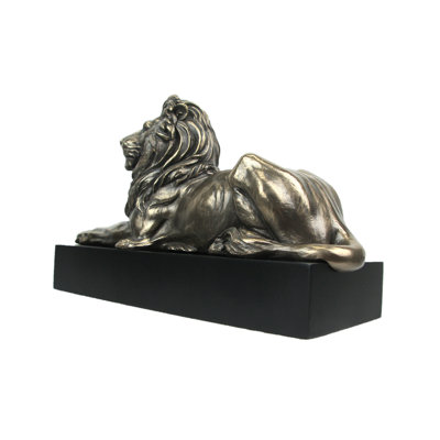 Traditional metallic bronze cold cast polyresin lion statue on black plinth, 8.75 inches wide