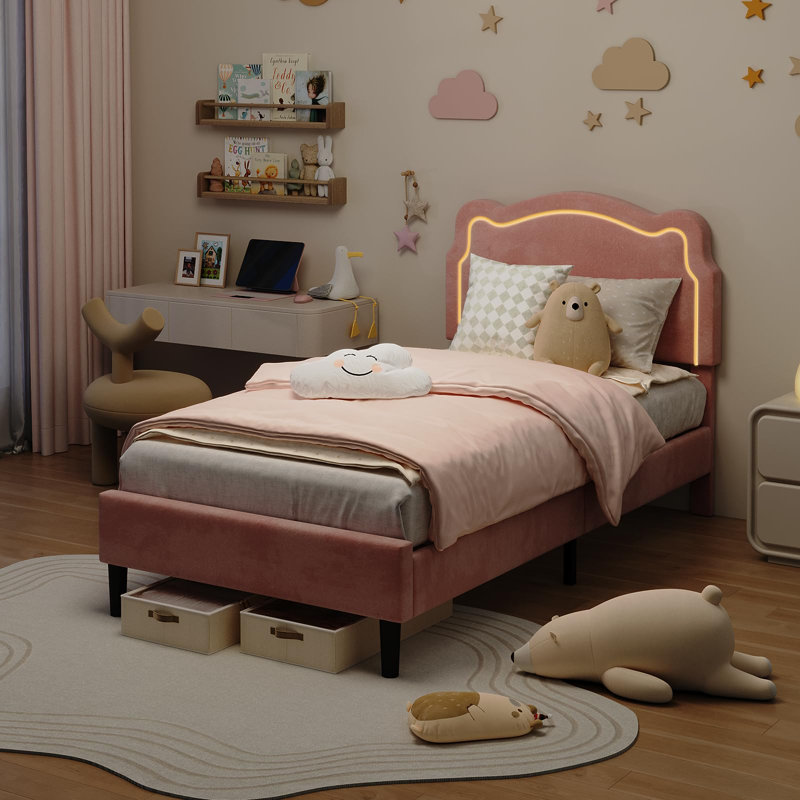 Upholstered Twin Platform Bed for Kids with Adjustable Bear-Shaped Headboard, Pink
