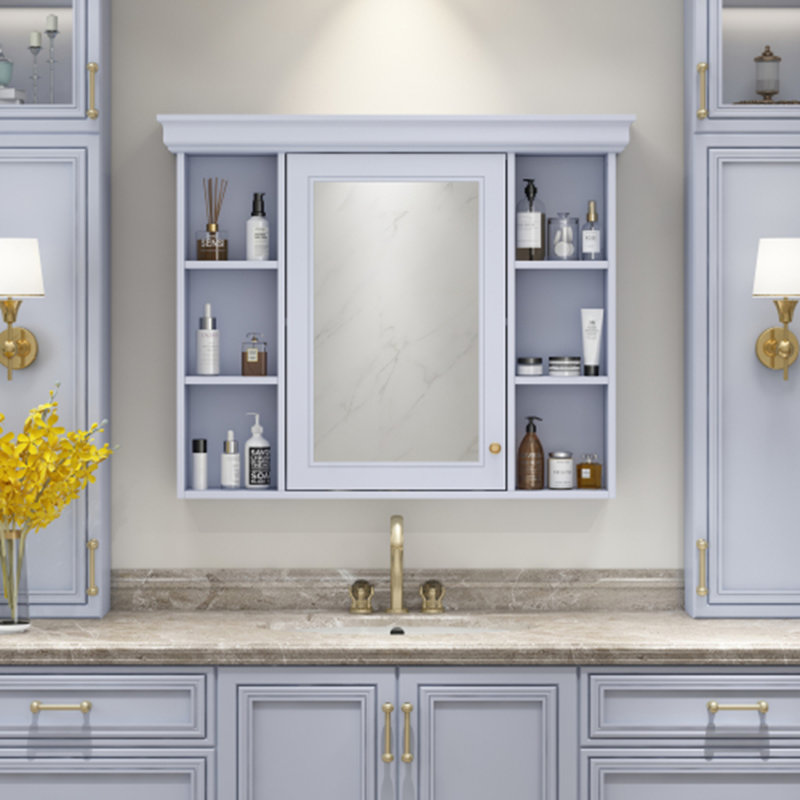 Armoire de rangement murale bleue avec porte miroir, H 28,74 po x l 35,5 po x P 7,16 po, Blanc