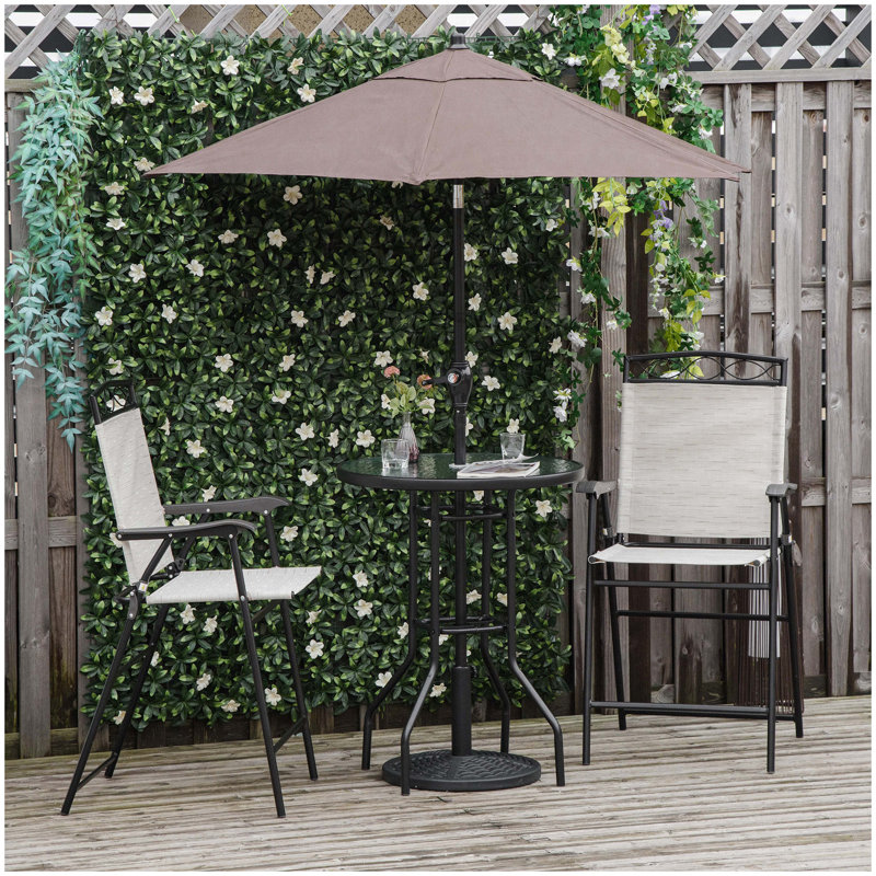Outsunny 4 Piece Outdoor Patio Dining Furniture Set, 2 Folding Chairs, Adjustable Angle Umbrella, Wave Textured Tempered Glass Dinner Table, Beige