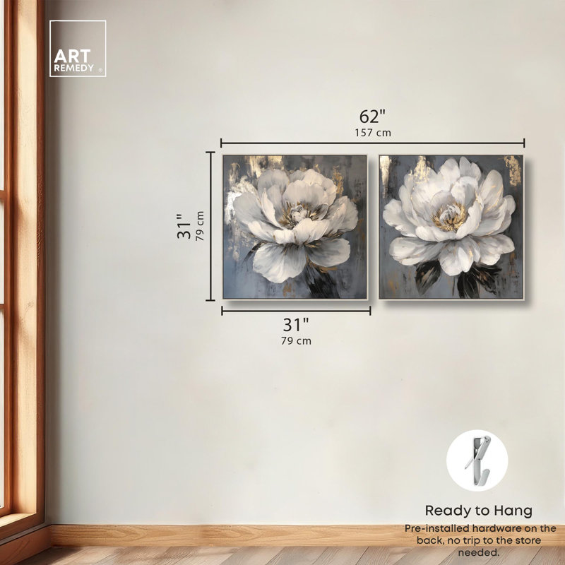 "Luxe Botanicals Art", ensemble de 2 impressions sur toile par , H 31 po x l 31 po, Argent argent