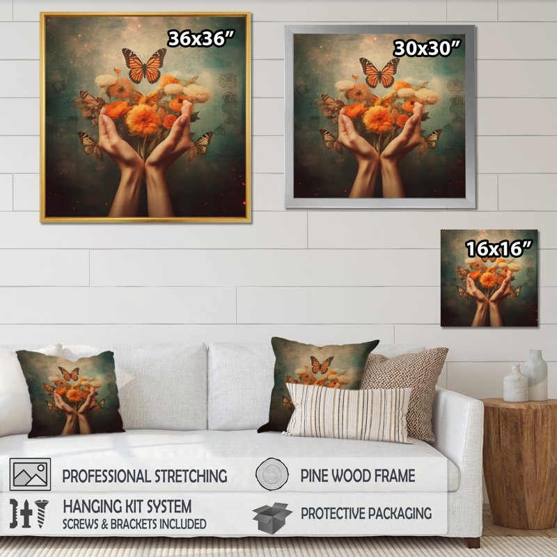 «Blossoming Butterfly Blessing Mudra I», reproduction sur toile, 24" H x 24" W, Cadre naturel flottant