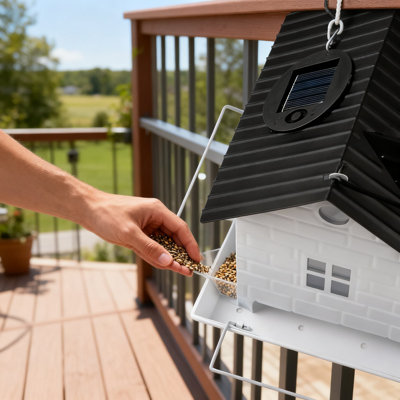 Mangeoire solaire pour oiseaux à suspendre à l'extérieur, maisonnette en métal à l'épreuve des écureuils avec lumière solaire, mangeoire d'oiseaux sauvages résistante aux intempéries de grande capacité pour mésange cardinal