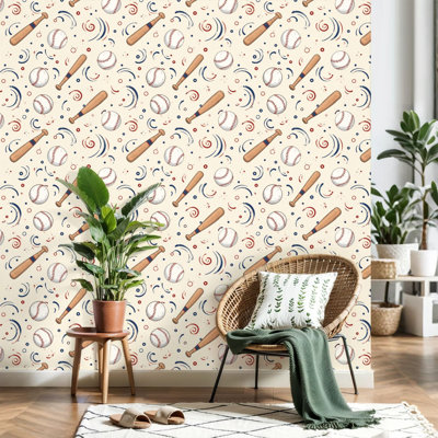 Peel and Stick Wallpaper Baseballs Wooden Bats Soft red white color outdoor sport Contact Paper Removable Self Adhesive Wall Mural Wall Decor for Bedroom Kitchen Cabinets 24in x 118in