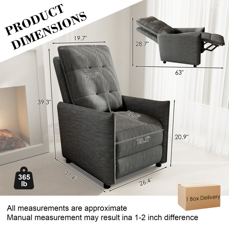Modern Manual Recliner Chair, Velvet Upholstery With Deep Chunky Cushioning, Cozy Reclining Sofa For Living Room, Bedroom, And Home Theater, Easy Assembly, Dark Gray