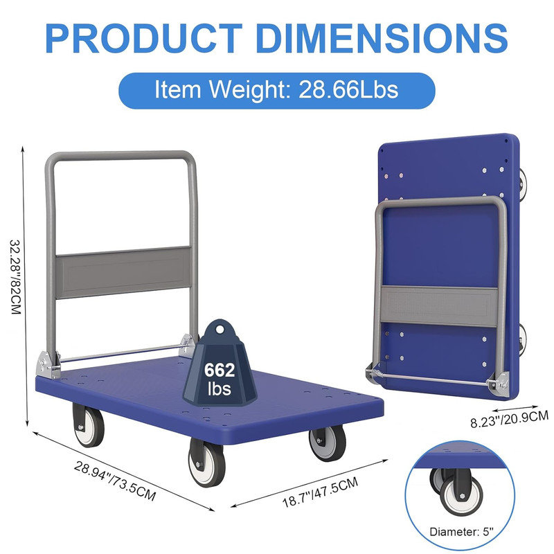 Chariot à plateforme, chariot pliable à poussoir avec roues pivotantes, chariot à bagages robuste d'une capacité de 661 lb