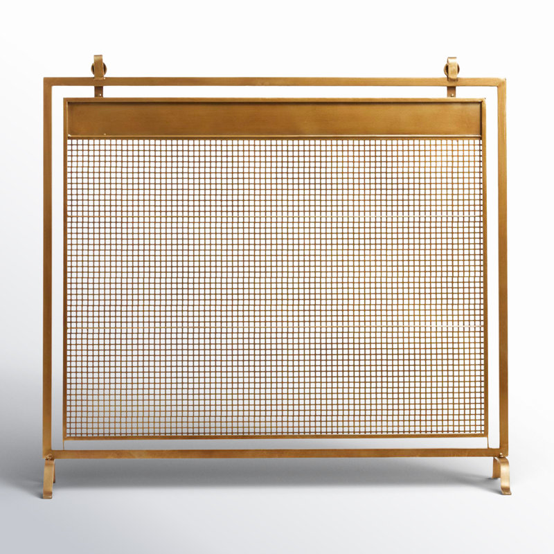 Metal Suspended Grid Single Panel Geometric Fireplace Screen with Bolted Detailing, Gold