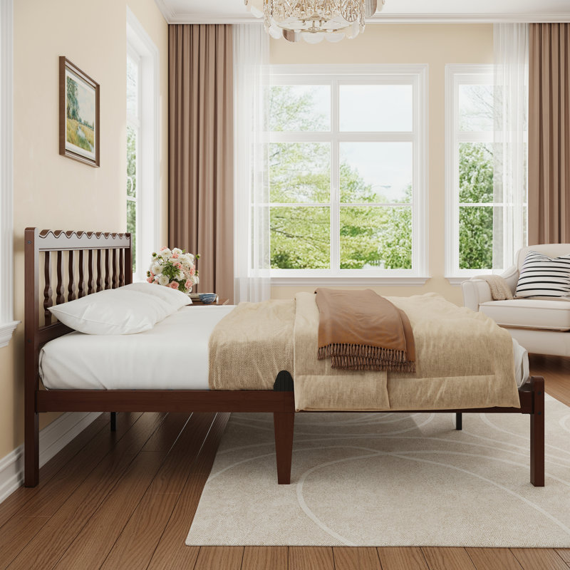 Walnut Finish Solid Wood King Bed Frame With Wavy Headboard, No Box Spring Needed, Bamboo & Metal, King