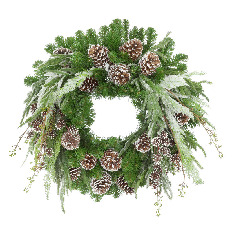 26" Holiday Evergreen Wreath With Snowy Branches And Pinecones