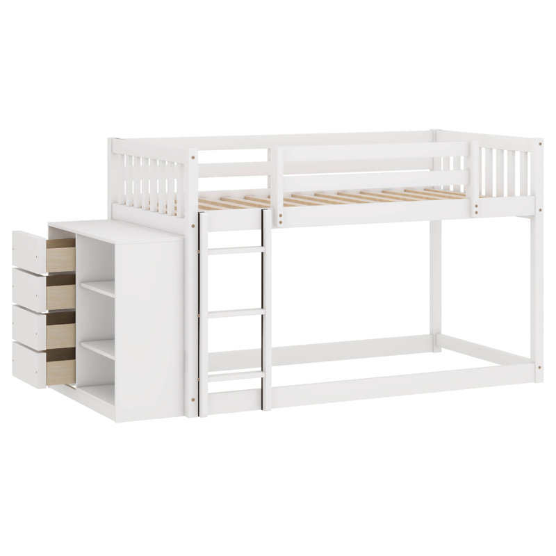 Lit superposé simple au-dessus de simple avec tiroirs et tablettes, Blanc