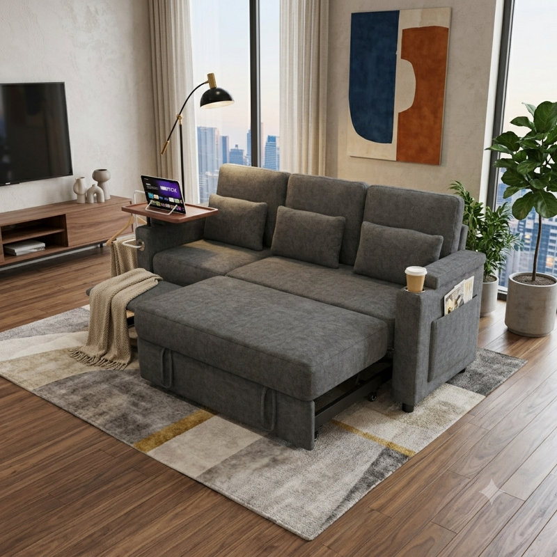 Canapé-lit pliant de 81 po, canapé-lit coulissant pour 3 personnes avec table et ports USB, dossier réglable, Dark Gray, 81"