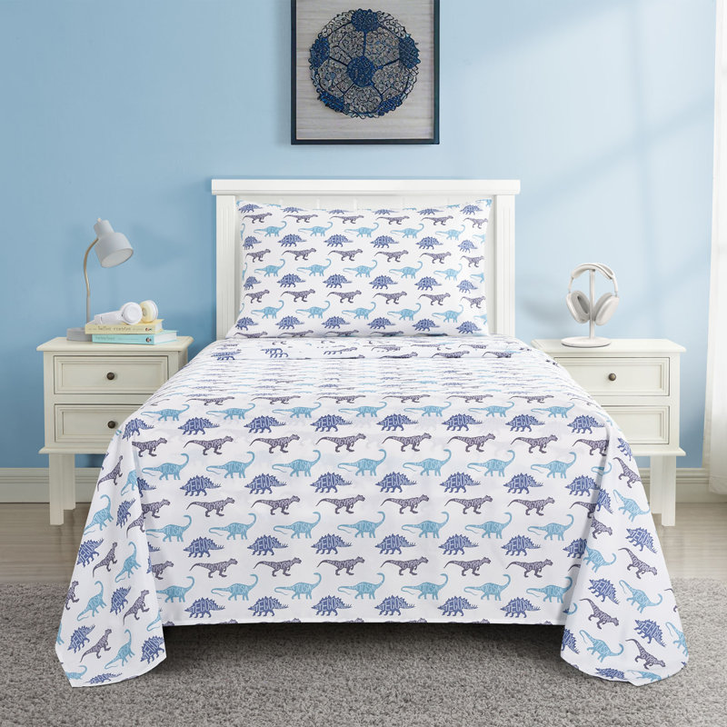 Ensemble de draps 3 pièces Dino School, Ensemble de draps pour lit simple avec 1 taie d'or, Purple White/Dino