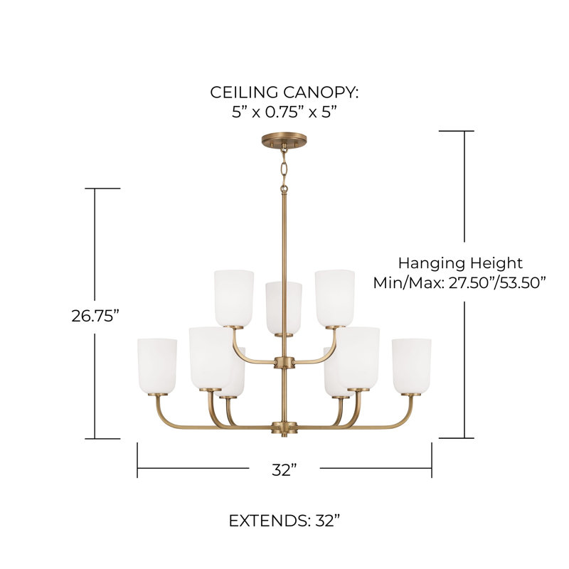 Lustre à niveaux simple 9 lumières , Laiton vieilli