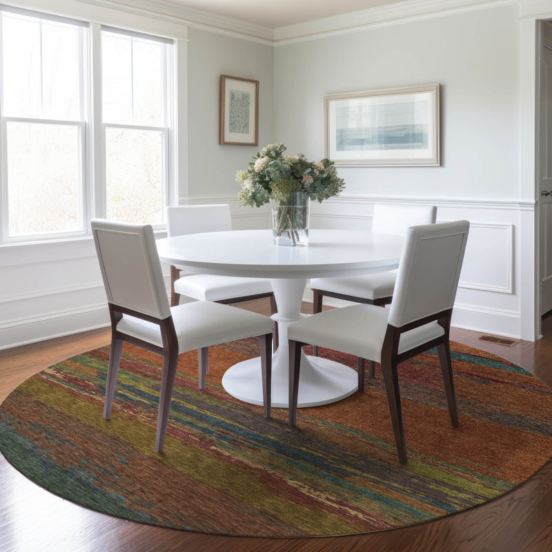 96'' Terracotta and Beige Synthetic Round Washable Rug