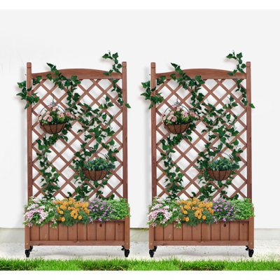 Jardinière surélevée avec 2 treillis - Jardinière extérieure en bois avec support pour plantes - Montage facile en 30 minutes - Revêtement en bois réglable à 3 niveaux pour plantes grimpantes - Convient également aux espaces intérieurs - Brun - 2 treillis - Installation en 30 minutes - Sans toxines