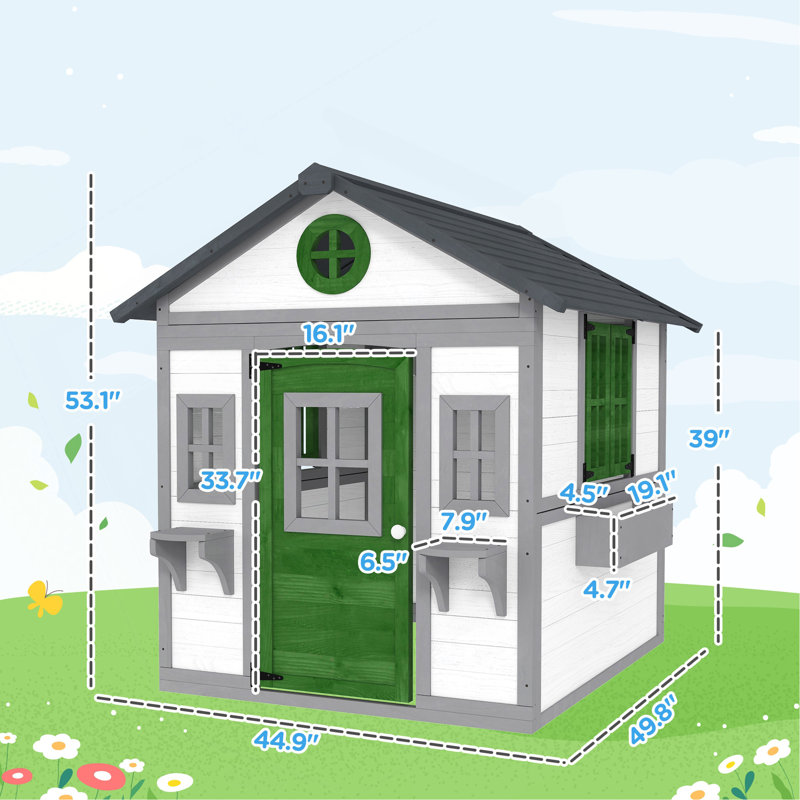 Outdoor Kids Cottage,Wooden Playhouse, Dark Gray/Green/White