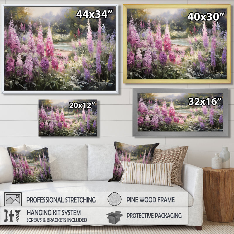 Impression d'art mural mauve, forêt de salves, fleurs sauvages, Toile avec cadre flottant or, H 30 po x l 40 po x P 1,5 po
