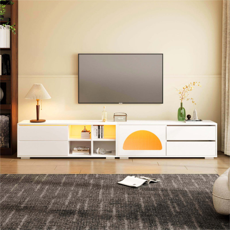 TV Stand with Fluted Glass Door for TVs Up to 100",Media Console with Sliding Door & LED Light